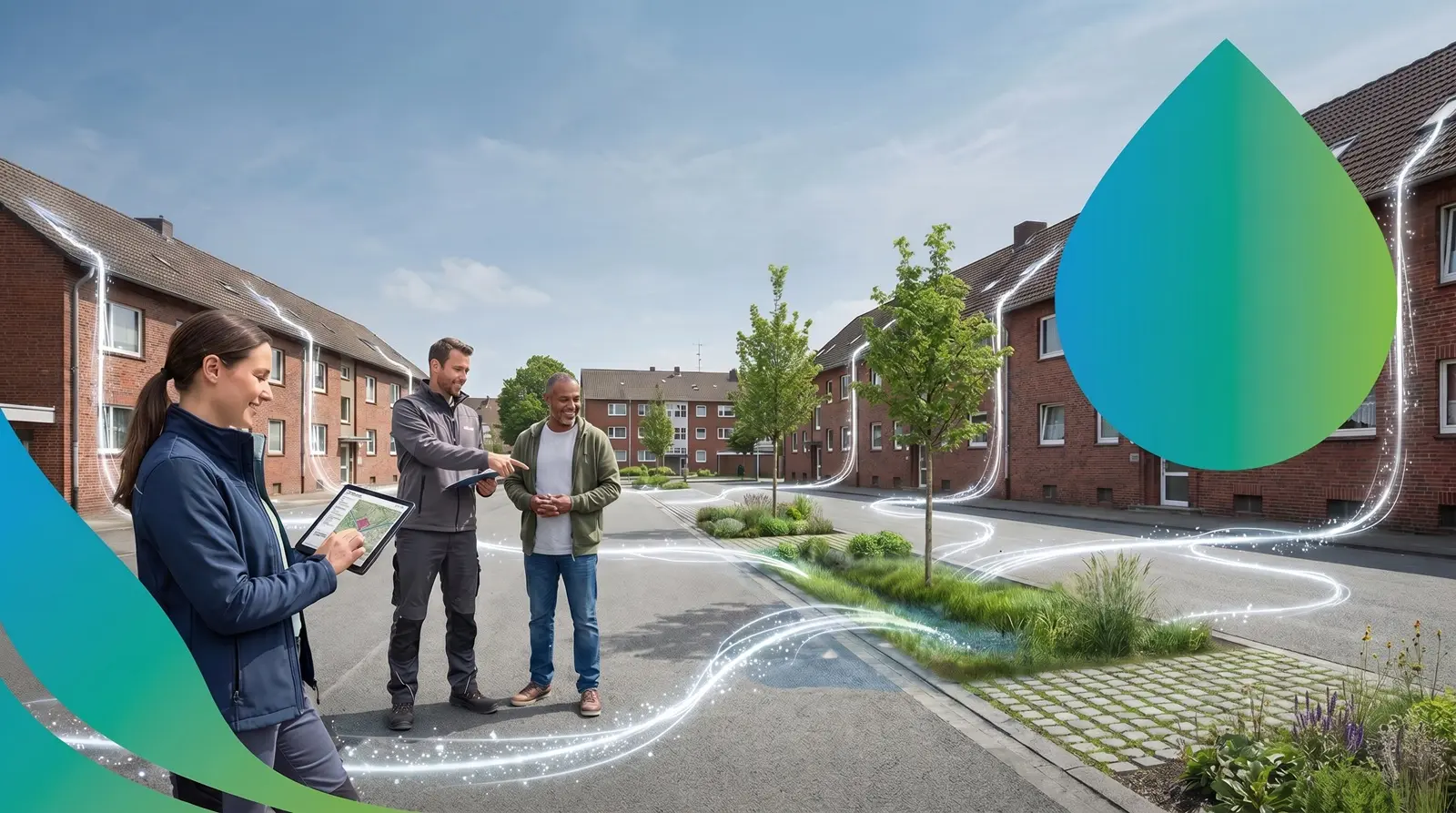 KI-generierte Darstellung: Drei Menschen besprechen in einer Wohnstraße mit Backsteinhäusern eine Versickerungsmulde und neue Bäume; leuchtende Linien zeigen den Weg des Regenwassers.